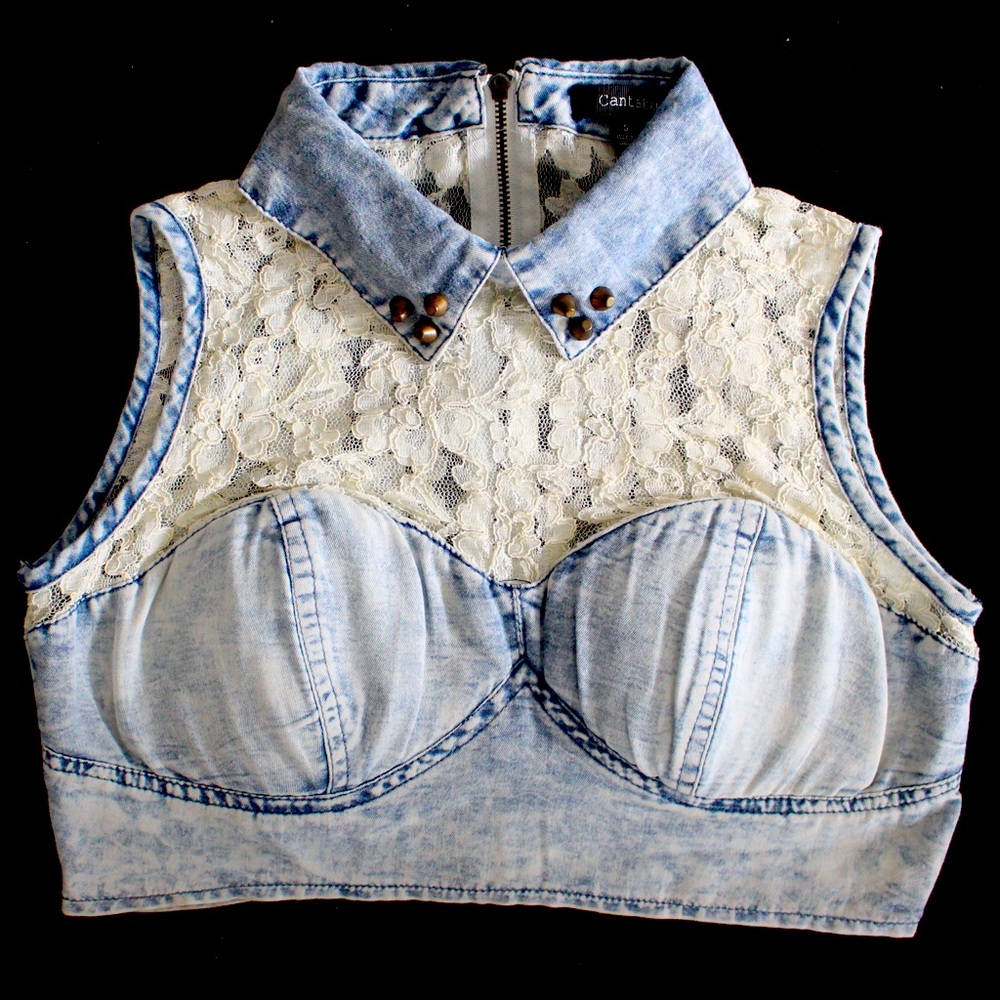 Cantata Denim and Floral Lace Crop Top